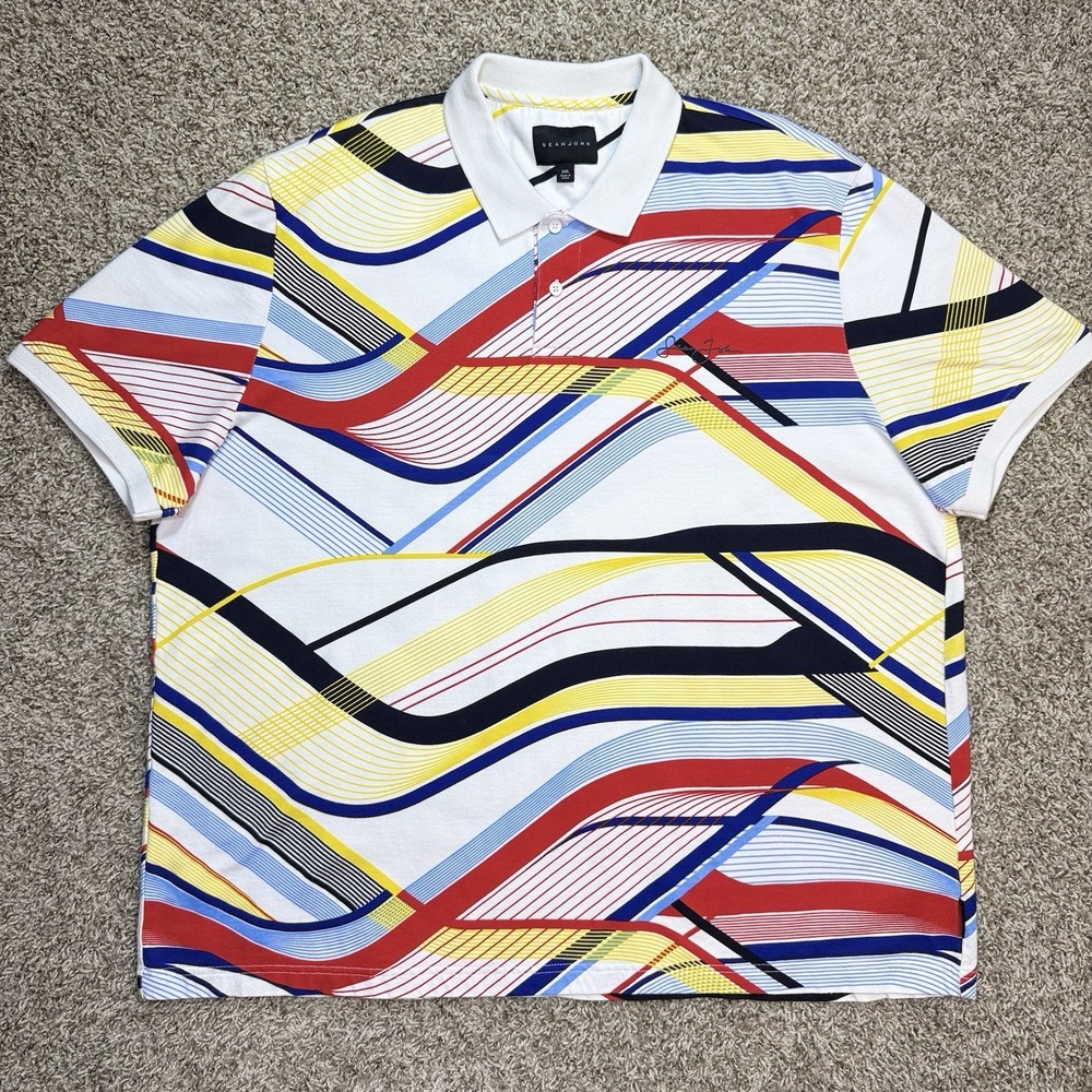 Sean John Mens 3XL Multicolor Abstract Print Polo Shirt 100% Cotton Hip Hop Y2K!